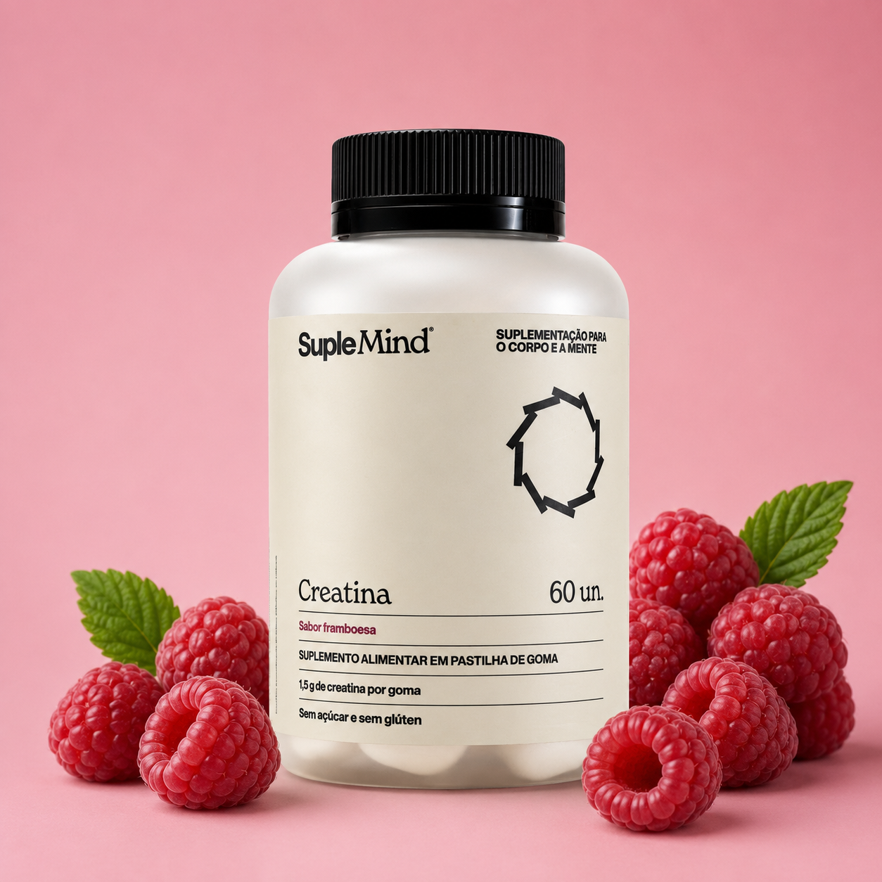 Creatina Gummy SupleMind sabor Framboesa — pote branco sobre fundo clean
