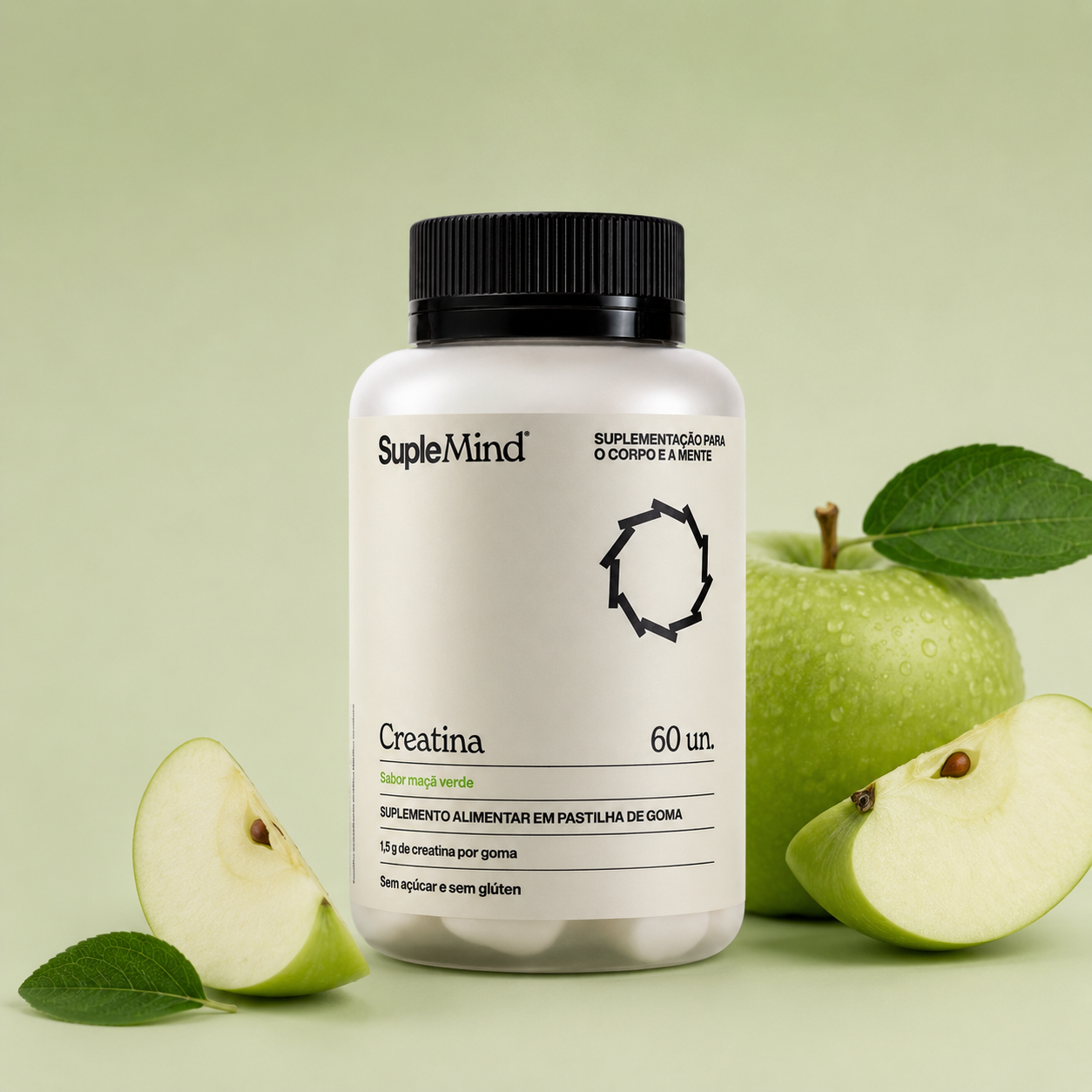 Creatina Gummy SupleMind sabor Maçã Verde — pote branco sobre fundo clean
