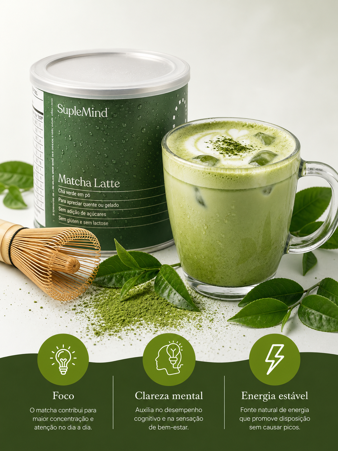 Matcha Latte SupleMind — vegano, sem açúcar e ingredientes naturais