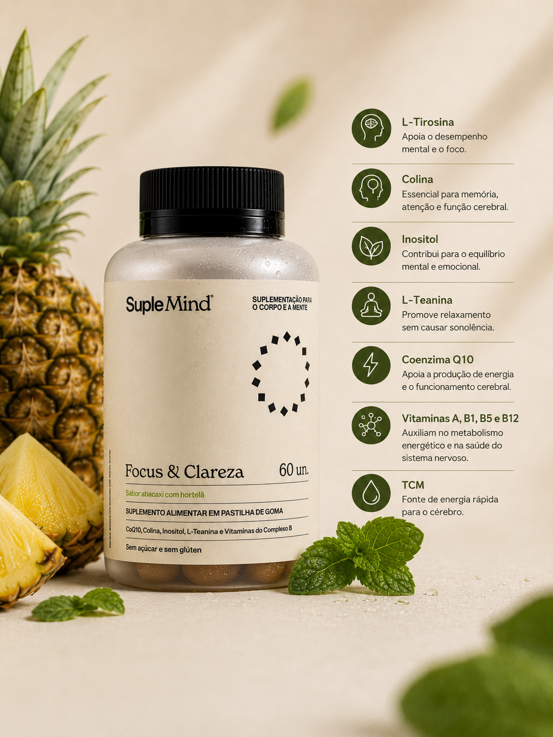 Focus & Clareza SupleMind — vegano, sem açúcar e fórmula com ativos funcionais