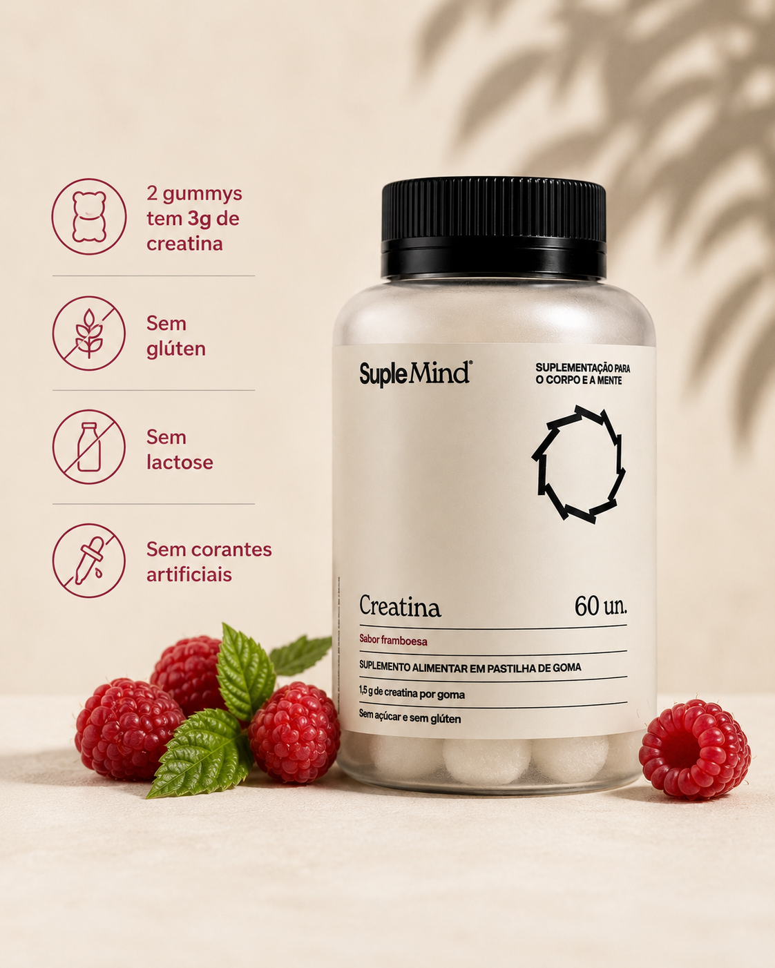Creatina Gummy SupleMind Framboesa — vegano, sem açúcar, 30 gummies por pote