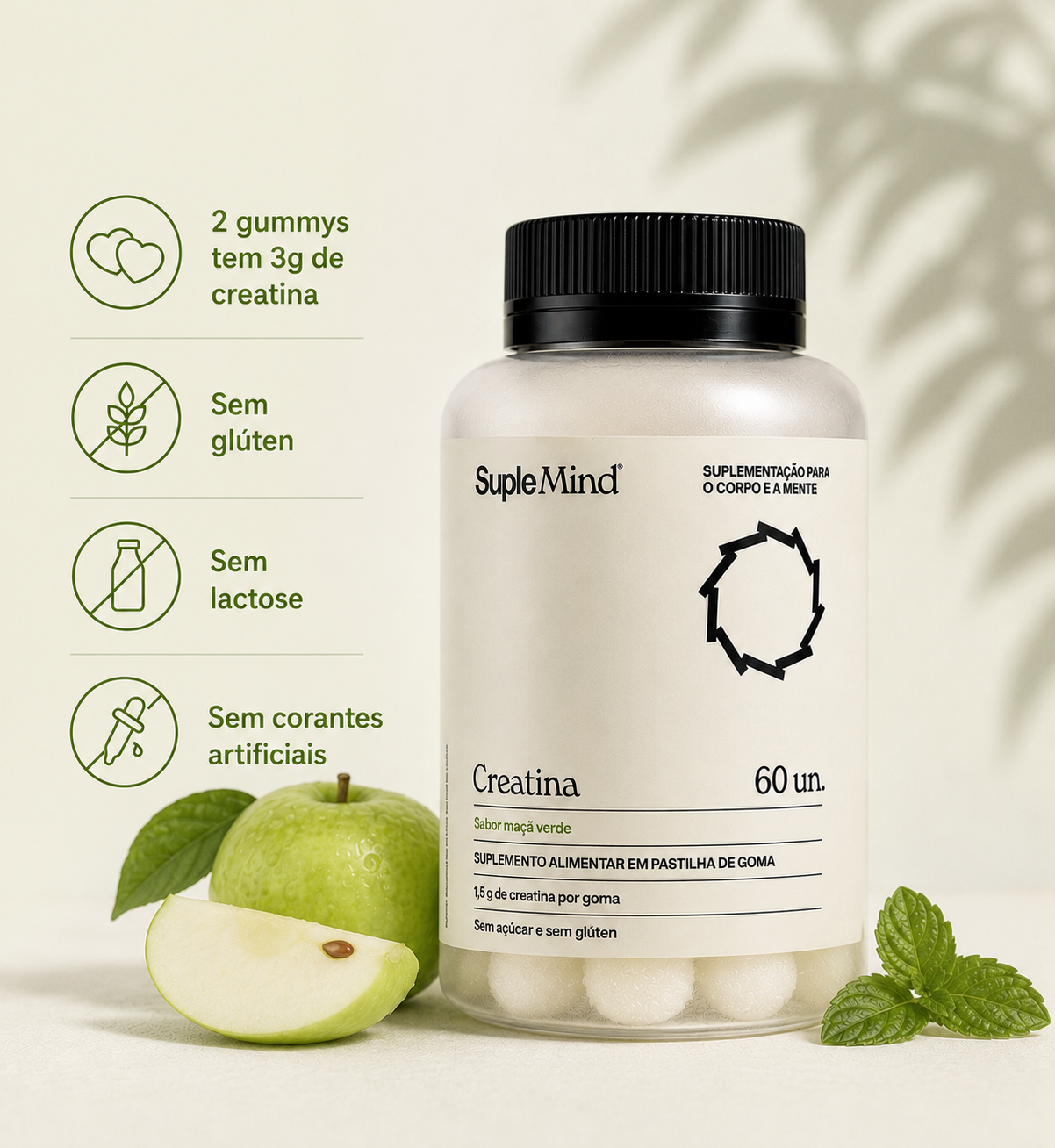 Creatina Gummy SupleMind Maçã Verde — vegano, sem açúcar, 30 gummies por pote
