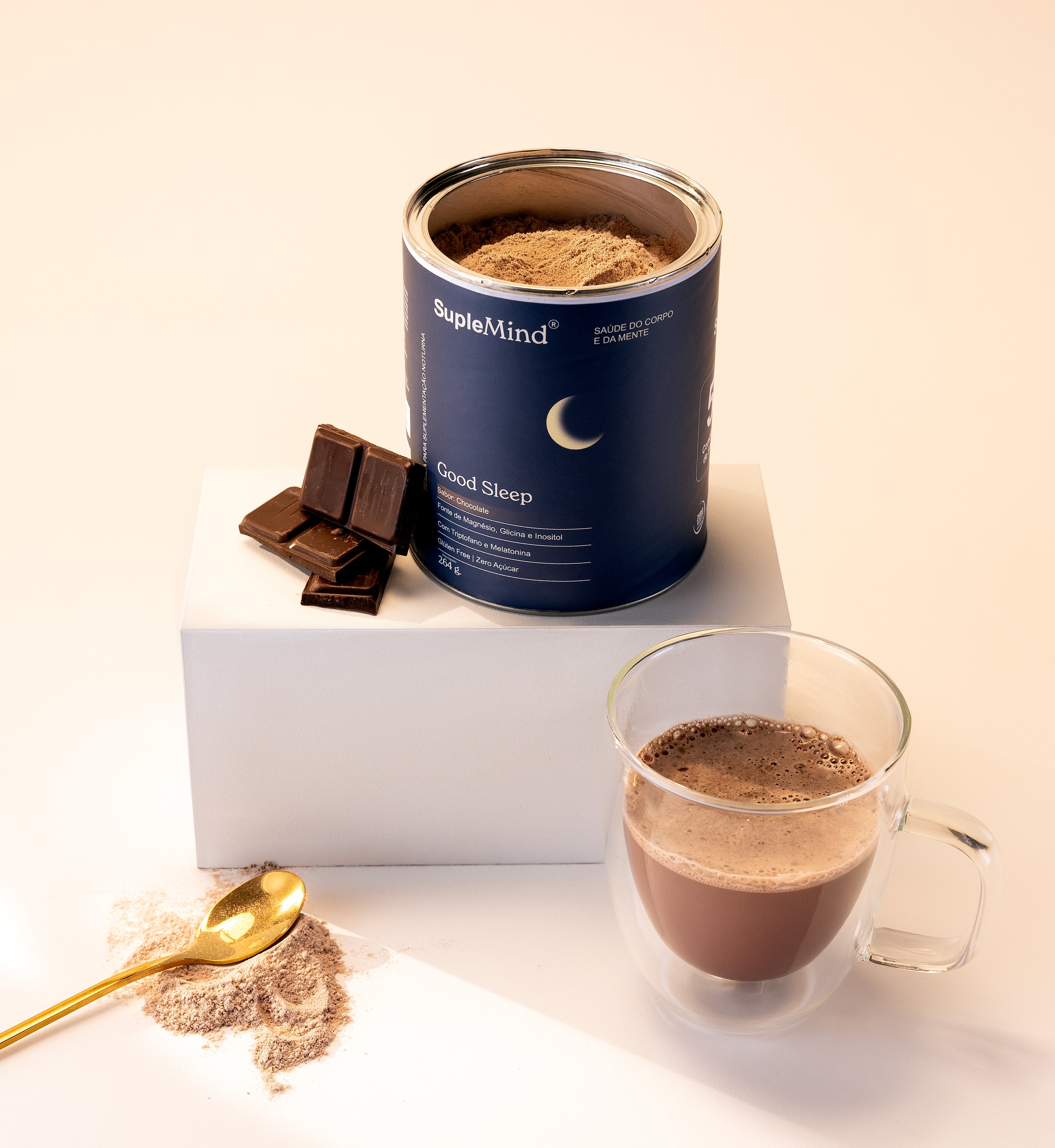 Good Sleep SupleMind Chocolate — produto ambientado em cena relaxante