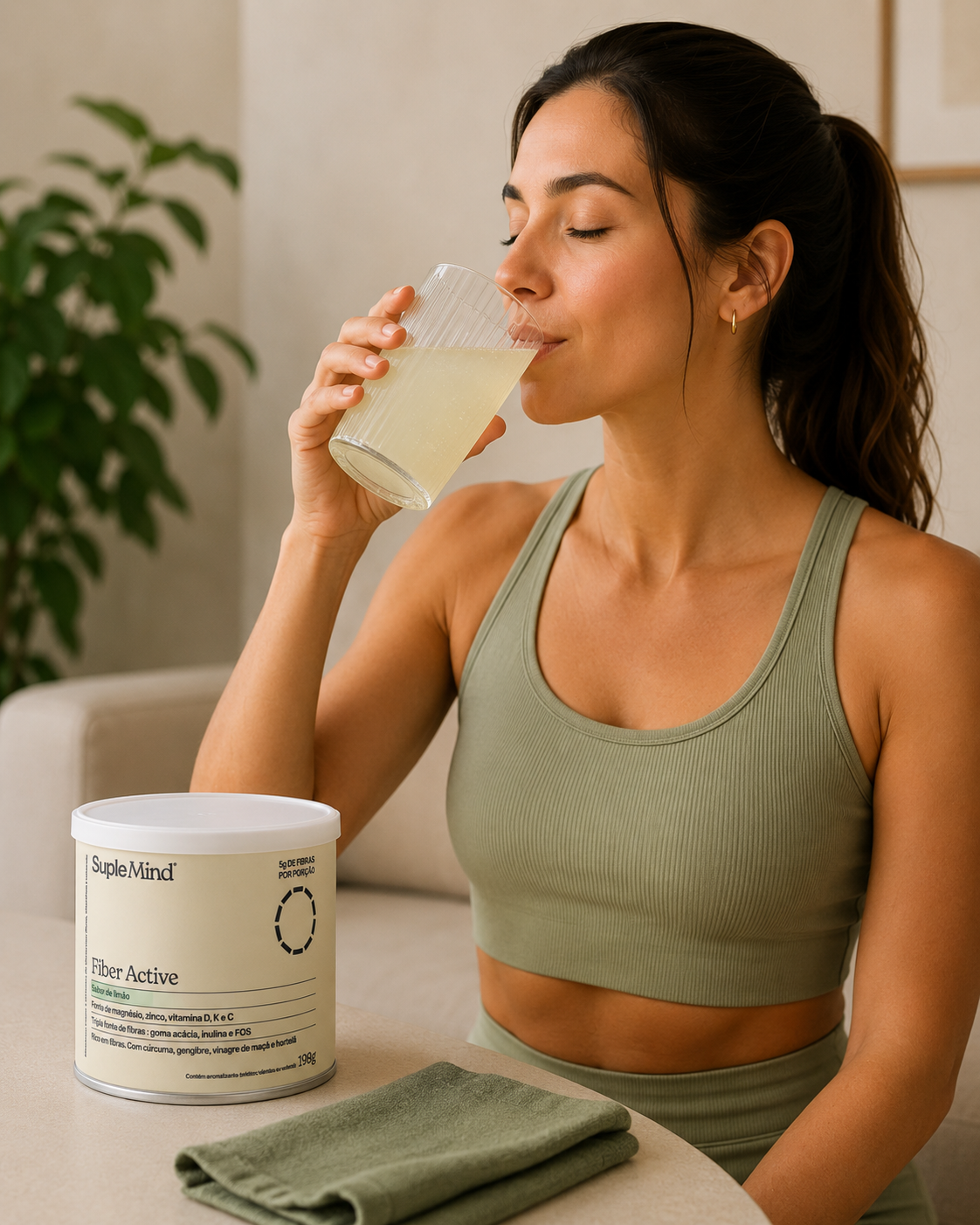 Pessoa consumindo Fiber Active SupleMind para saúde intestinal