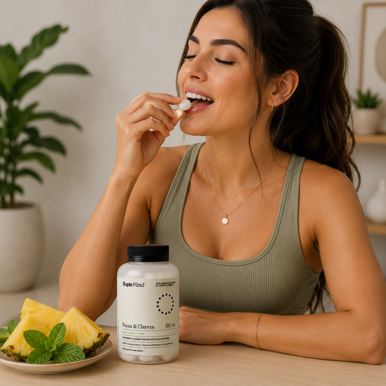 Pessoa consumindo Focus & Clareza SupleMind sabor Abacaxi com Hortelã