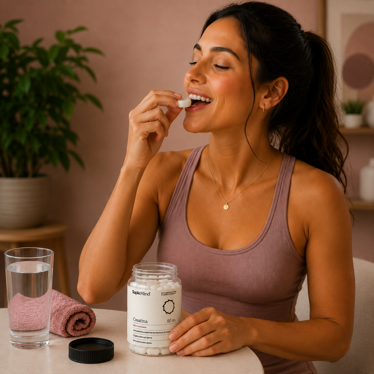 Pessoa consumindo Creatina Gummy SupleMind sabor Framboesa