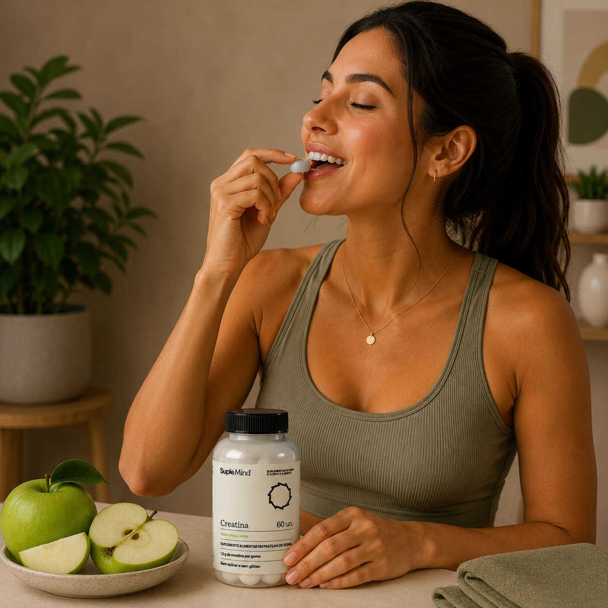 Pessoa consumindo Creatina Gummy SupleMind sabor Maçã Verde