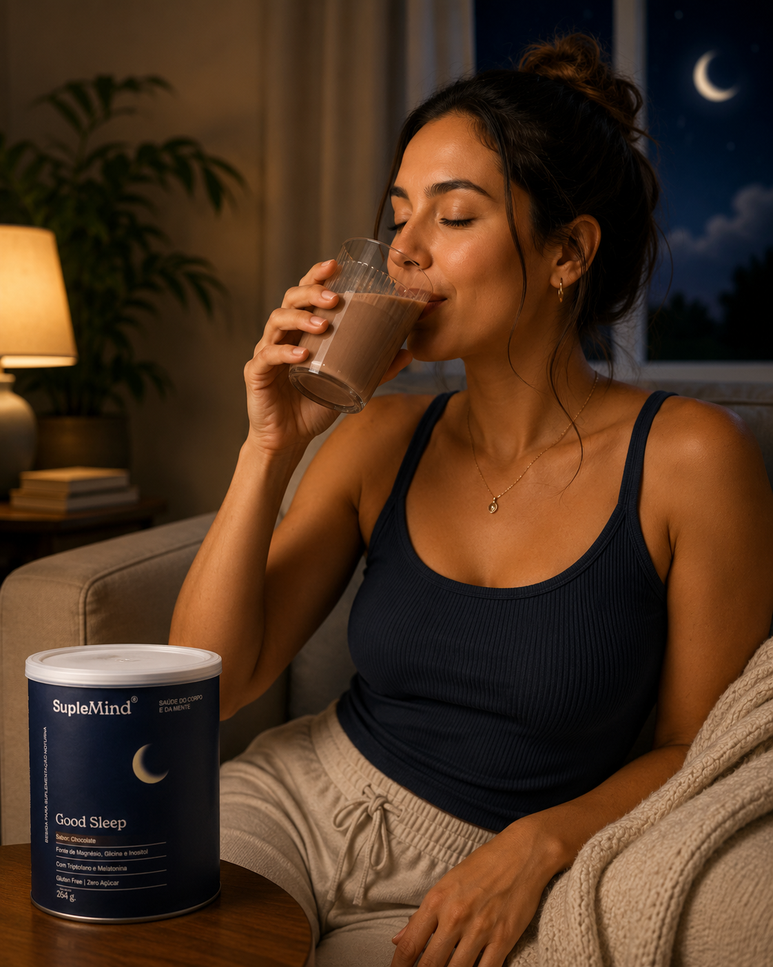 Pessoa consumindo Good Sleep SupleMind Chocolate antes de dormir