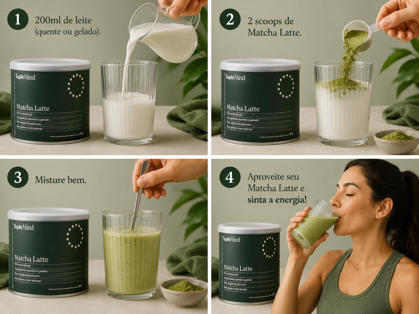 Passo a passo de preparo do Matcha Latte SupleMind 180g