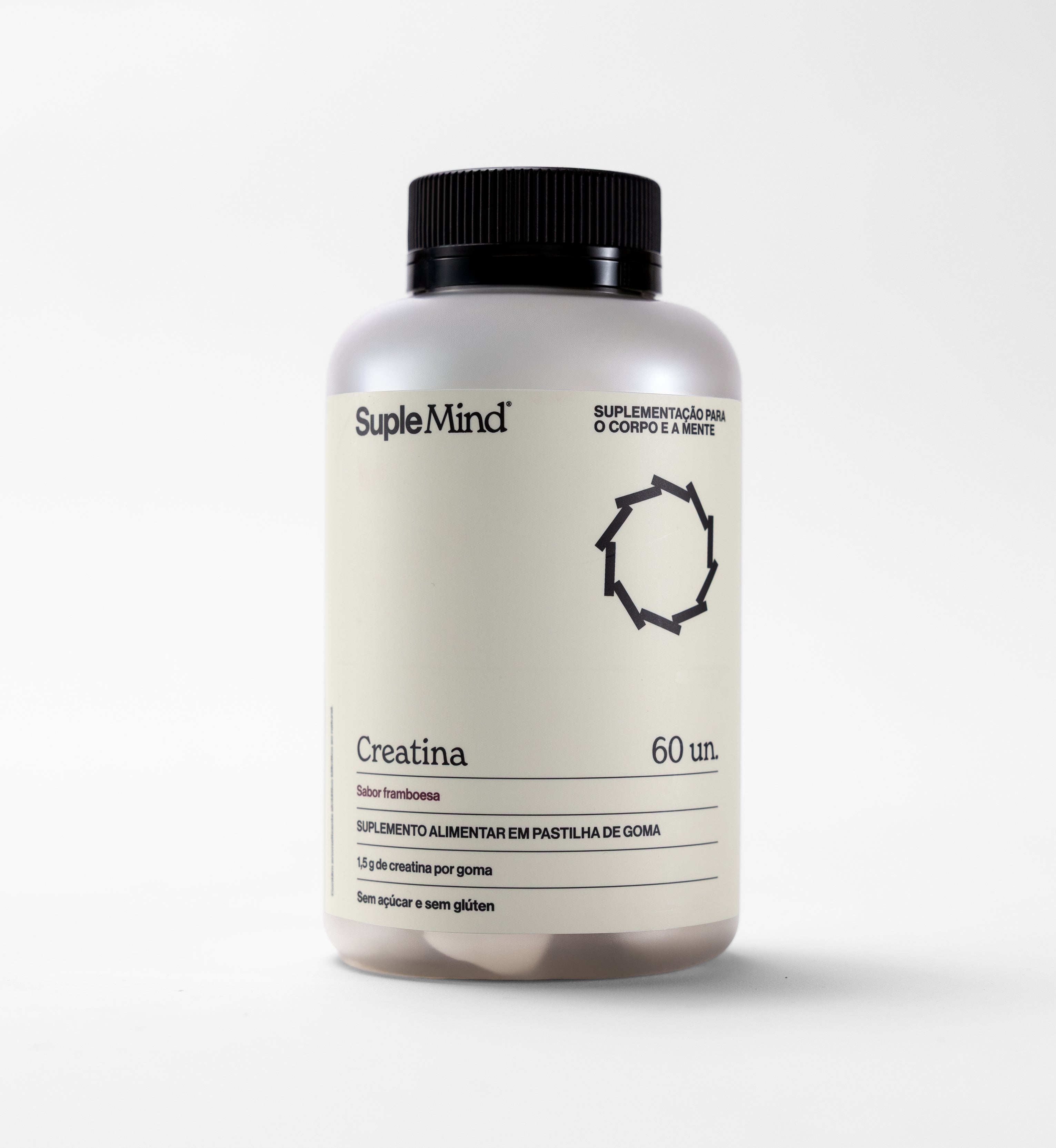 Creatina Gummy SupleMind sabor Framboesa — pote branco sobre fundo clean